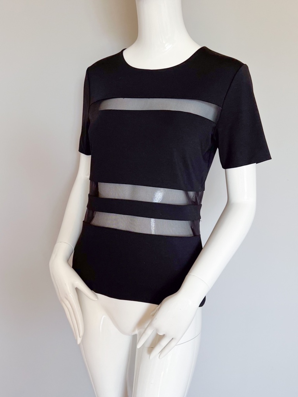 NEW T by Alexander Wang Black Mesh Stripe Short Sleeve Top Size Large